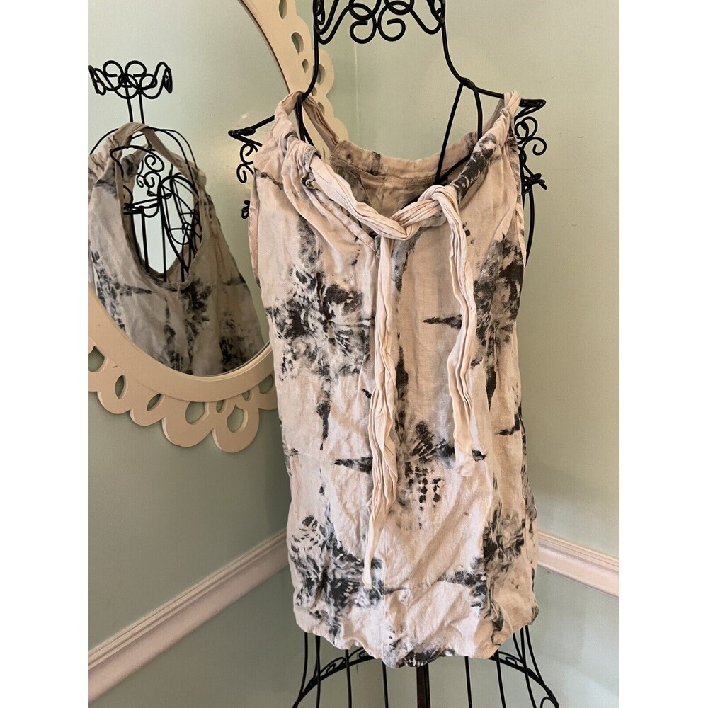 Bellambia Linen Flax Top Small Black Ink Blot Tie Dye Bow Neck Sleeveless‎ ITALY